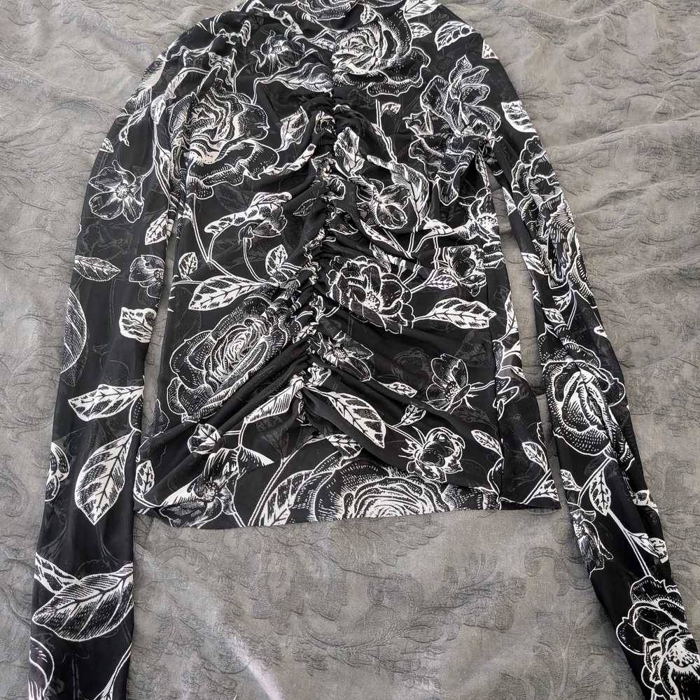 Floral Black and White Ruched Women's Top